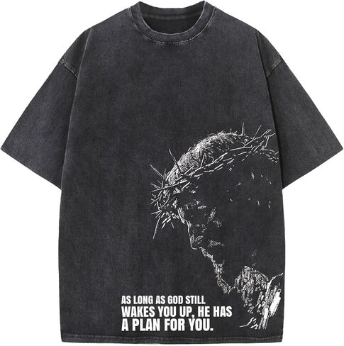 Men's Washed Cotton T-Shirt Heavyweight Oversized Retro Streetwear Graphic Distressed Vintage Tee in Saudi Arabia