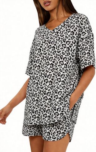 Marvmys Womens Pajama Sets Short Sleeve Pajamas V Neck Sleepwear Oversized Pjs Summer Lounge Sets with Pockets S-XXL in Kuwait