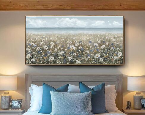 amatop لوحة فنية جدارية كبيرة لغرفة المعيشة مؤطرة بشاطئ بوهو الساحلي والزهور المحيط صورة جدارية لبيت المزرعة زهرة الأقحوان طباعة قماشية بحرية محايدة عتيقة عمل فني دافئ لغرفة النوم المنزلية والمكتب 48 × 24 in Kuwait