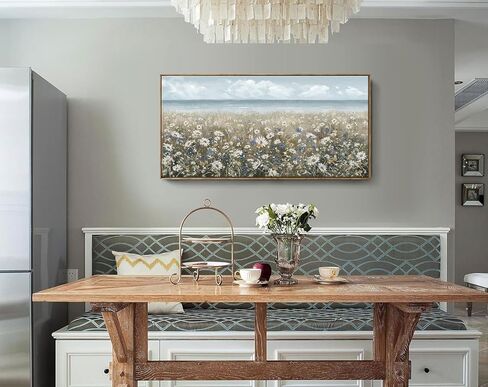 amatop لوحة فنية جدارية كبيرة لغرفة المعيشة مؤطرة بشاطئ بوهو الساحلي والزهور المحيط صورة جدارية لبيت المزرعة زهرة الأقحوان طباعة قماشية بحرية محايدة عتيقة عمل فني دافئ لغرفة النوم المنزلية والمكتب 48 × 24 in Kuwait