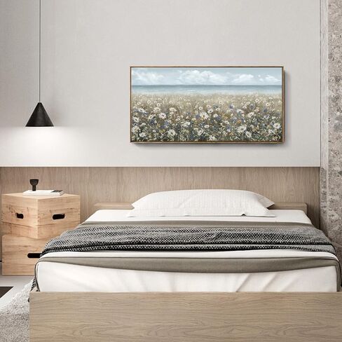 amatop لوحة فنية جدارية كبيرة لغرفة المعيشة مؤطرة بشاطئ بوهو الساحلي والزهور المحيط صورة جدارية لبيت المزرعة زهرة الأقحوان طباعة قماشية بحرية محايدة عتيقة عمل فني دافئ لغرفة النوم المنزلية والمكتب 48 × 24 in Kuwait