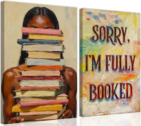 Black Girl Book Lover Wall Art, Colorful Book Stack Black Woman Posters Prints,Afro Woman with Books Oil Canvas Painting Style,Library & Reading Room Decor, Modern Art picture,Framed12x16inX2 in Saudi Arabia