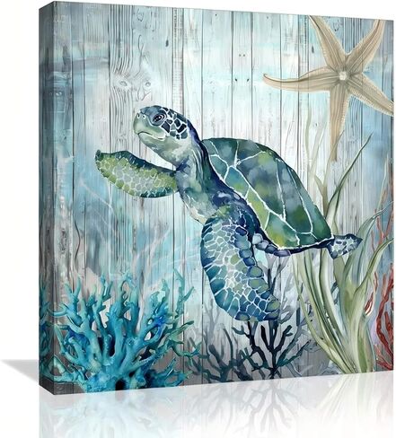 صور ديكور سلحفاة البحر لغرفة النوم والحمام وديكور الحائط الحديث على قماش الفن المحيط موضوع اللوحة صور الفن 14 × 14 بوصة مناسبة للمكتب/المطبخ صورة مؤطرة مقاومة للماء in Kuwait