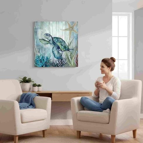 صور ديكور سلحفاة البحر لغرفة النوم والحمام وديكور الحائط الحديث على قماش الفن المحيط موضوع اللوحة صور الفن 14 × 14 بوصة مناسبة للمكتب/المطبخ صورة مؤطرة مقاومة للماء in Kuwait