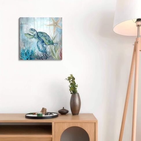 صور ديكور سلحفاة البحر لغرفة النوم والحمام وديكور الحائط الحديث على قماش الفن المحيط موضوع اللوحة صور الفن 14 × 14 بوصة مناسبة للمكتب/المطبخ صورة مؤطرة مقاومة للماء in Kuwait