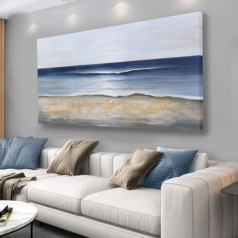 Yuaxker Ocean Canvas جدار الفن الأزرق والذهبي ديكور الحائط الجمالية الحديثة قماش اللوحة سوبر كبيرة الحجم الفني لغرفة المعيشة غرفة نوم غرفة الطعام مكتب 30x60 بوصة in Saudi Arabia