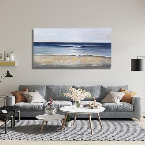 Yuaxker Ocean Canvas جدار الفن الأزرق والذهبي ديكور الحائط الجمالية الحديثة قماش اللوحة سوبر كبيرة الحجم الفني لغرفة المعيشة غرفة نوم غرفة الطعام مكتب 30x60 بوصة in Saudi Arabia