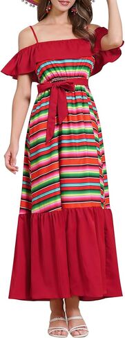 IKADEX Women Mexican Dress Off Shoulder Long Maxi Dresses Summer Sleeveless Spaghetti Strap Cinco De Mayo Fiesta Costume in Saudi Arabia