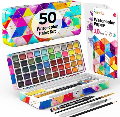 Watercolor Paint Set - 50 Travel Watercolors Set - Water Colors Paint for Adult, Kids, Beginners, Professional Artists | Watercolor Palette with Paper, Brush, Pen | Art Supplies for Adults in Kuwait