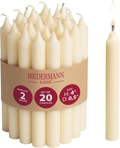 شموع Biedermann & Sons العاجية (20 قطعة)، مستدقة غير معطرة، قطر 0.5 بوصة، شمع البارافين المحترق لمدة ساعتين، لدوارات الملاك وحامليها in Kuwait