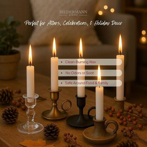 شموع Biedermann & Sons العاجية (20 قطعة)، مستدقة غير معطرة، قطر 0.5 بوصة، شمع البارافين المحترق لمدة ساعتين، لدوارات الملاك وحامليها in Kuwait