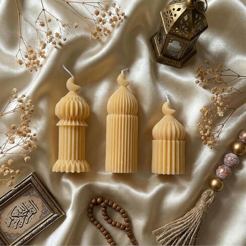 Lyrow 3 قطع شموع رمضان مبارك معطرة من شموع الصويا لديكور المنزل الإسلامي الإسلامي ومسجد رمضان على شكل شموع صغيرة على شكل عمود هدية للإسلام وعيد المسلمين وديكورات المنزل، 3 تصميمات in Kuwait
