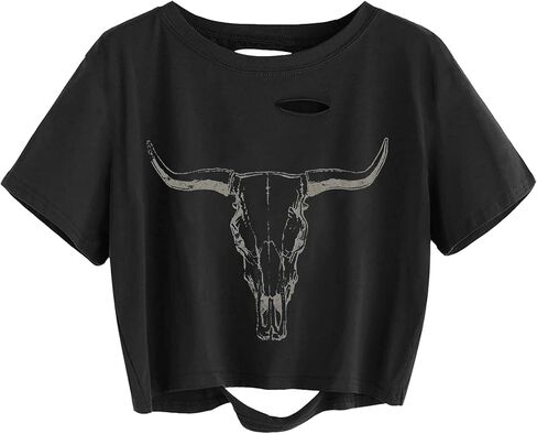 TIXOM Women Country Music Graphic Distressed Tee Shirt Sexy Ripped Short Sleeve Crop Tops in Saudi Arabia