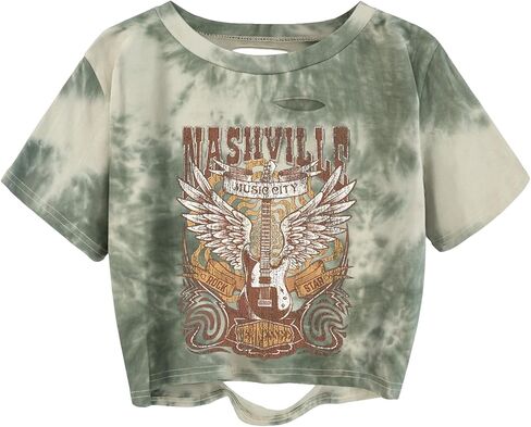 TIXOM Women Country Music Graphic Distressed Tee Shirt Sexy Ripped Short Sleeve Crop Tops in Saudi Arabia