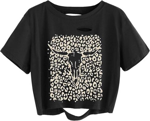 TIXOM Women Country Music Graphic Distressed Tee Shirt Sexy Ripped Short Sleeve Crop Tops in Saudi Arabia