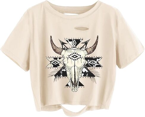 TIXOM Women Country Music Graphic Distressed Tee Shirt Sexy Ripped Short Sleeve Crop Tops in Saudi Arabia