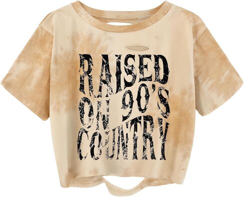 TIXOM Women Country Music Graphic Distressed Tee Shirt Sexy Ripped Short Sleeve Crop Tops in Saudi Arabia