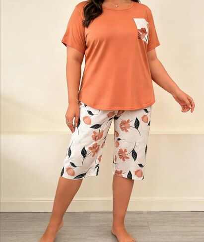 Womens Plus Size Pajama Set, 2 Piece Floral Print Lounge Set, Short Sleeve Crew Neck Top with Pocket and Capri Pants in Saudi Arabia