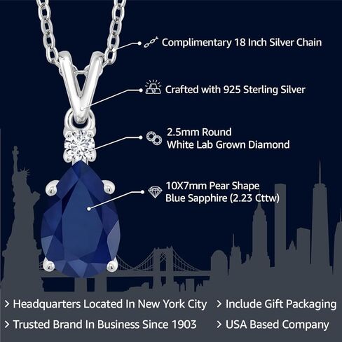 Gem Stone King 2.23 Cttw Blue Sapphire and White Lab Grown Diamond Pendant Necklace For Women | 925 Sterling Silver | Pear Shape 10X7MM | With 18 Inch Chain in Kuwait