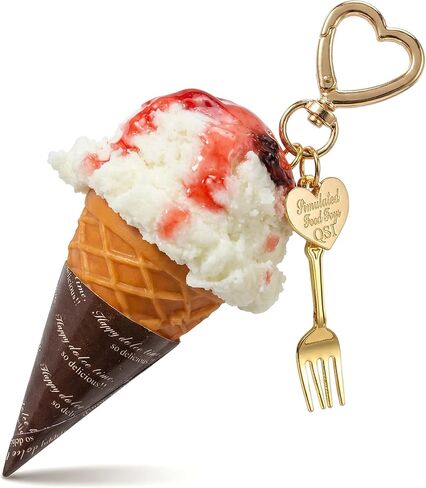 Cute Bag Charms - 3D Realistic Strawberry Pink Ice Cream Cone Keychain, Kawaii Aesthetic Purse Key Ring Gift in Kuwait