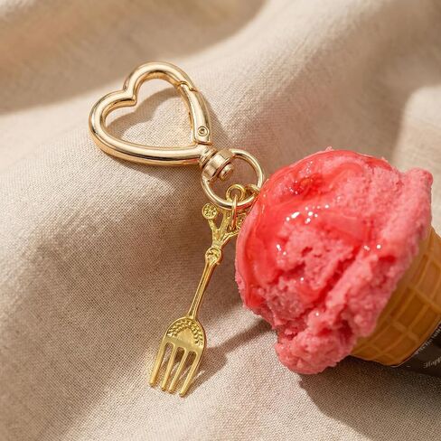 Cute Bag Charms - 3D Realistic Strawberry Pink Ice Cream Cone Keychain, Kawaii Aesthetic Purse Key Ring Gift in Saudi Arabia