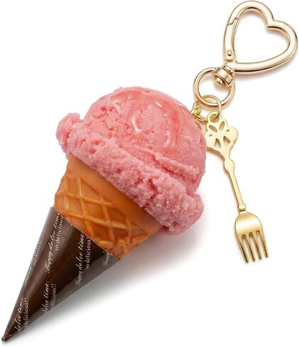 Cute Bag Charms - 3D Realistic Strawberry Pink Ice Cream Cone Keychain, Kawaii Aesthetic Purse Key Ring Gift in Saudi Arabia