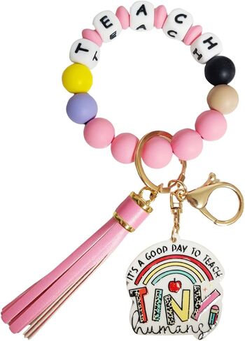Teacher Appreciation Gifts Silicone Bracelet Keychain Handmade Keyring Wristlet with Leather Tassel Wallet Women in Saudi Arabia