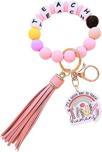 Teacher Appreciation Gifts Silicone Bracelet Keychain Handmade Keyring Wristlet with Leather Tassel Wallet Women in Saudi Arabia