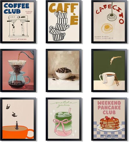 XYHYRA Coffee Wall Art Set of 9, Vintage Coffee Bar Canvas Prints Poster, Cafe Club Matcha Latte Pancake Kitchen Artwork Wall Decor for Coffee Bar Dining Room Home Decor 8x10 Inch Unframed in Saudi Arabia