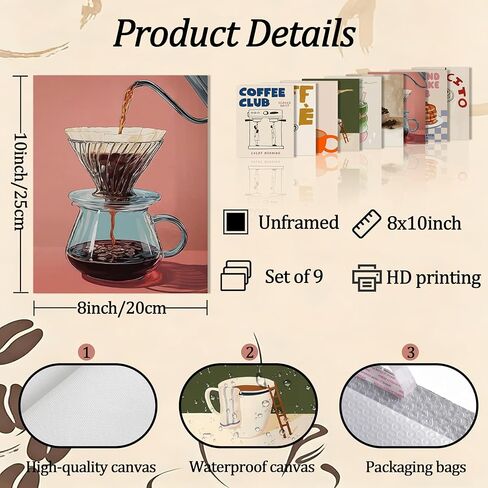 XYHYRA Coffee Wall Art Set of 9, Vintage Coffee Bar Canvas Prints Poster, Cafe Club Matcha Latte Pancake Kitchen Artwork Wall Decor for Coffee Bar Dining Room Home Decor 8x10 Inch Unframed in Saudi Arabia