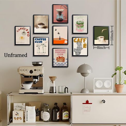 XYHYRA Coffee Wall Art Set of 9, Vintage Coffee Bar Canvas Prints Poster, Cafe Club Matcha Latte Pancake Kitchen Artwork Wall Decor for Coffee Bar Dining Room Home Decor 8x10 Inch Unframed in Saudi Arabia