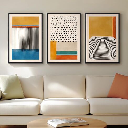 Framed Colorful Abstract Wall Art for Living Room, 3 Piece Mid-century Modern Canvas Prints Paintings Artwork for Walls, Bright Yellow Block Lines Pictures for Hallway Dining Bedroom Wall Decor -16x24 in Kuwait