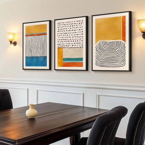 Framed Colorful Abstract Wall Art for Living Room, 3 Piece Mid-century Modern Canvas Prints Paintings Artwork for Walls, Bright Yellow Block Lines Pictures for Hallway Dining Bedroom Wall Decor -16x24 in Kuwait