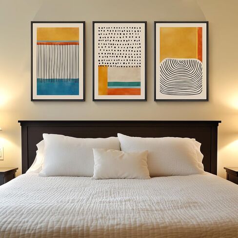 Framed Colorful Abstract Wall Art for Living Room, 3 Piece Mid-century Modern Canvas Prints Paintings Artwork for Walls, Bright Yellow Block Lines Pictures for Hallway Dining Bedroom Wall Decor -16x24 in Kuwait