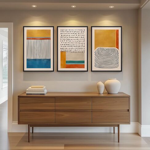 Framed Colorful Abstract Wall Art for Living Room, 3 Piece Mid-century Modern Canvas Prints Paintings Artwork for Walls, Bright Yellow Block Lines Pictures for Hallway Dining Bedroom Wall Decor -16x24 in Kuwait