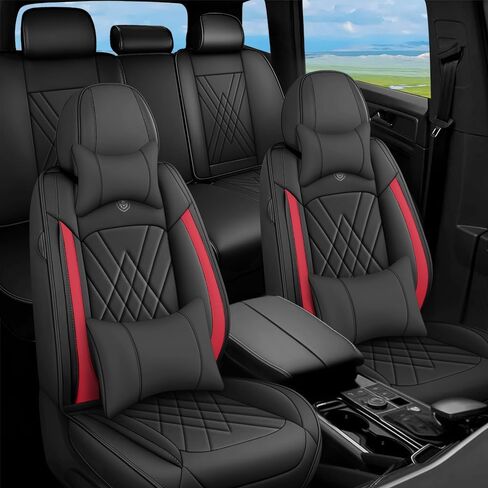 Car Seat Covers Fit for Dodge Charger 2006-2024 Flanks All Wrapped and Side Airbag Compatibility of Premium Nappa Leather(Full Set, Black Red) in Kuwait