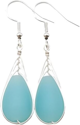 Hawaii Handmade Sea Glass Earrings, Aqua Wire Braided Teardrop Beach Glass Jewelry, Directly From Our Island of Oahu, Hawaiian March Birthday Gift For Women in Kuwait