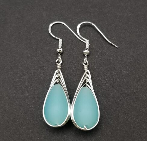Hawaii Handmade Sea Glass Earrings, Aqua Wire Braided Teardrop Beach Glass Jewelry, Directly From Our Island of Oahu, Hawaiian March Birthday Gift For Women in Kuwait