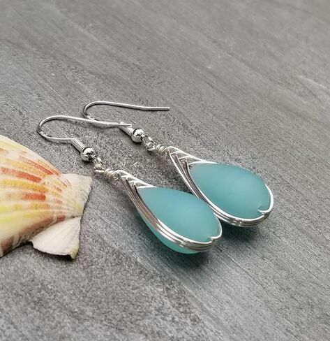 Hawaii Handmade Sea Glass Earrings, Aqua Wire Braided Teardrop Beach Glass Jewelry, Directly From Our Island of Oahu, Hawaiian March Birthday Gift For Women in Kuwait