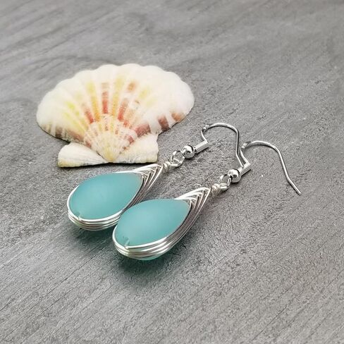 Hawaii Handmade Sea Glass Earrings, Aqua Wire Braided Teardrop Beach Glass Jewelry, Directly From Our Island of Oahu, Hawaiian March Birthday Gift For Women in Kuwait