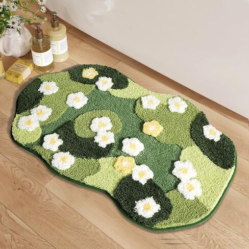 Cute Bath Mat, Moss Rug Soft Green Bathroom Rug, Non Slip Bath Mat Super Absorbent, Floral Nature Bathtub Mat Washable for Shower Bathroom Floor (Full Bloom, 32" x 20") in Kuwait