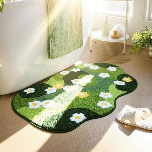 Cute Bath Mat, Moss Rug Soft Green Bathroom Rug, Non Slip Bath Mat Super Absorbent, Floral Nature Bathtub Mat Washable for Shower Bathroom Floor (Full Bloom, 32" x 20") in Kuwait