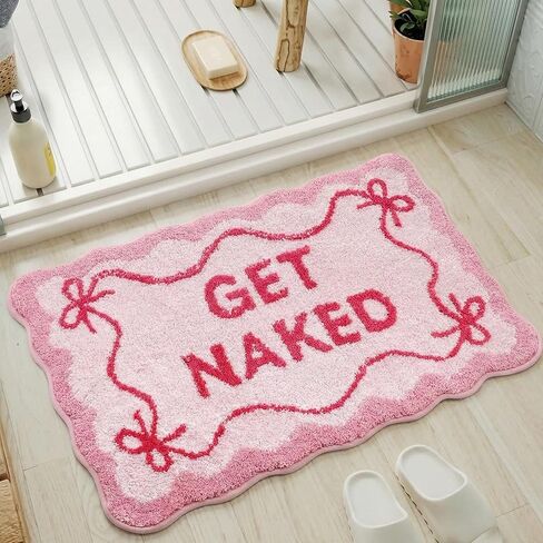 Get Naked Bath Mat Pink Bow Bathroom Rugs 32" x 20" Humorous Scalloped Bathroom Decoration Non-Slip Machine Washable Absorbent Plush Bath Floor Carpet for Christmas Party Gifts Bathtub Shower in Kuwait