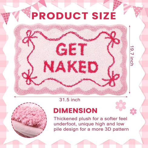 Get Naked Bath Mat Pink Bow Bathroom Rugs 32" x 20" Humorous Scalloped Bathroom Decoration Non-Slip Machine Washable Absorbent Plush Bath Floor Carpet for Christmas Party Gifts Bathtub Shower in Kuwait