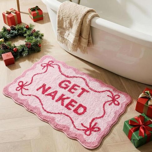 Get Naked Bath Mat Pink Bow Bathroom Rugs 32" x 20" Humorous Scalloped Bathroom Decoration Non-Slip Machine Washable Absorbent Plush Bath Floor Carpet for Christmas Party Gifts Bathtub Shower in Kuwait