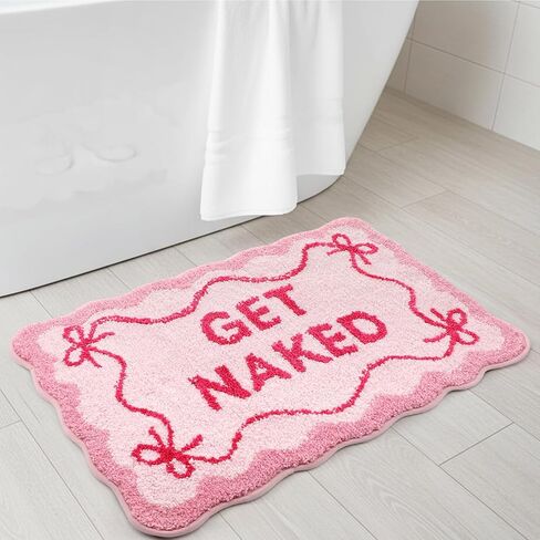 Get Naked Bath Mat Pink Bow Bathroom Rugs 32" x 20" Humorous Scalloped Bathroom Decoration Non-Slip Machine Washable Absorbent Plush Bath Floor Carpet for Christmas Party Gifts Bathtub Shower in Kuwait