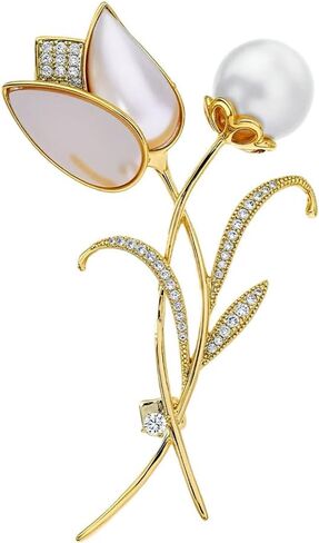 بروش زهرة التوليب اللطيفة دبوس من حجر الراين واللؤلؤ للنساء مجوهرات حفلات الربيع والصيف (أبيض) in Kuwait