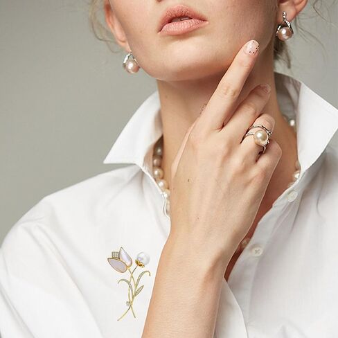 بروش زهرة التوليب اللطيفة دبوس من حجر الراين واللؤلؤ للنساء مجوهرات حفلات الربيع والصيف (أبيض) in Kuwait