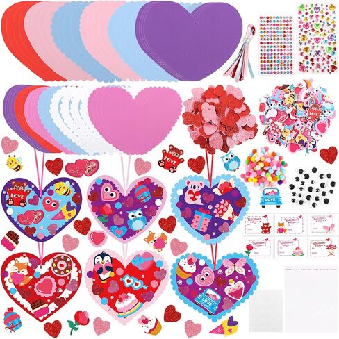 LOAVER 24 Sets Valentines Day Heart Ornaments Craft Kit,DIY Assorted Foam Heart with Shape Stickers Googly Eyes Rhinestones Bookmark for Valentines Day Presents Gift Exchange Craft Supplies in Kuwait