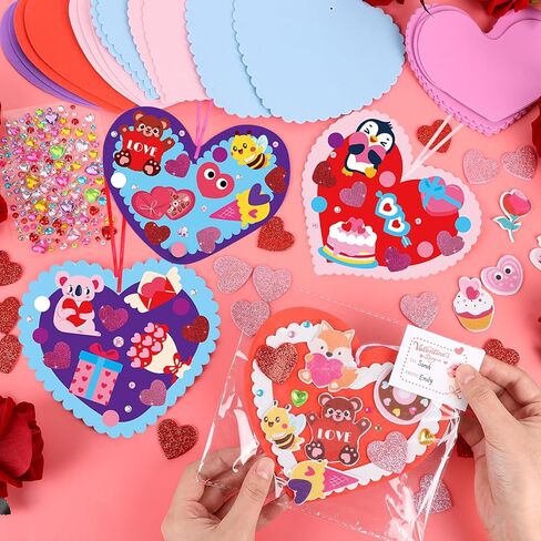 LOAVER 24 Sets Valentines Day Heart Ornaments Craft Kit,DIY Assorted Foam Heart with Shape Stickers Googly Eyes Rhinestones Bookmark for Valentines Day Presents Gift Exchange Craft Supplies in Kuwait